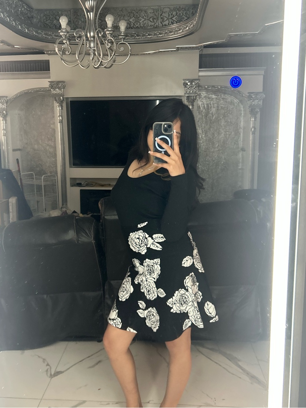 Black Floral skirt with White Rose Print